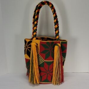 WOVEN KNIT BOHEMIAN MULTICOLOR GEOMETRIC PATTERN BUCKET SHOULDER BAG PURSE